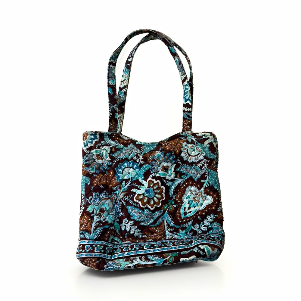 VERA BRADLEY Java Blue Medium Tote Bag Brown/Blue Floral Quilted retired